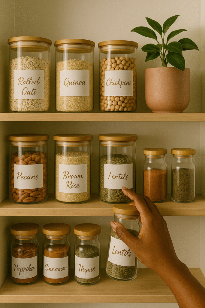 A stylish pantry with glass jars labeled in gold script and a woman’s hand reaching for a jar, symbolizing holiday pantry inventory