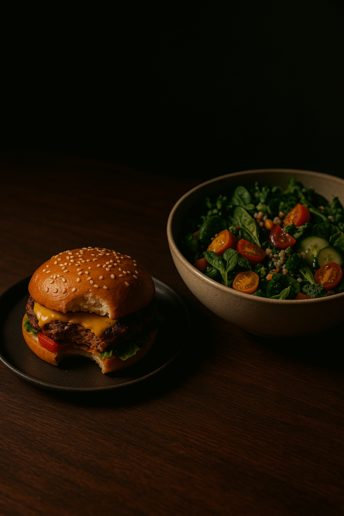Contrast photo showing processed burger beside fresh salad representing plant-based lifestyle balance.