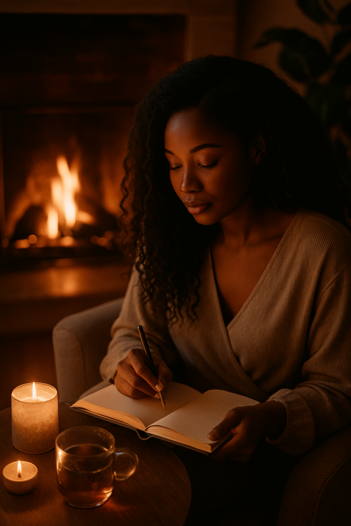 Peaceful woman journaling in plant-filled room with candlelight symbolizing plant-based self-care.