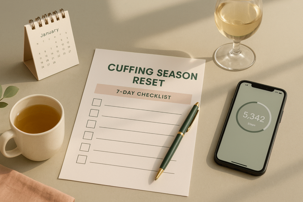 Seven-day cuffing season reset challenge checklist with tea and wellness tracking tools.