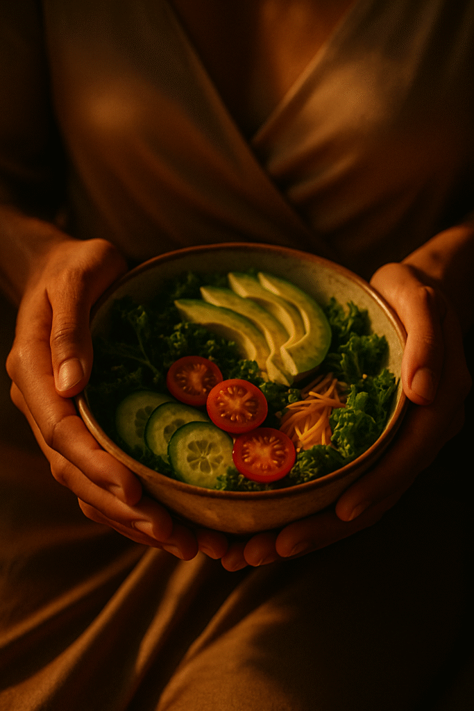 Intertwined hands holding bowl of fresh greens symbolizing commitment to a plant-based lifestyle.