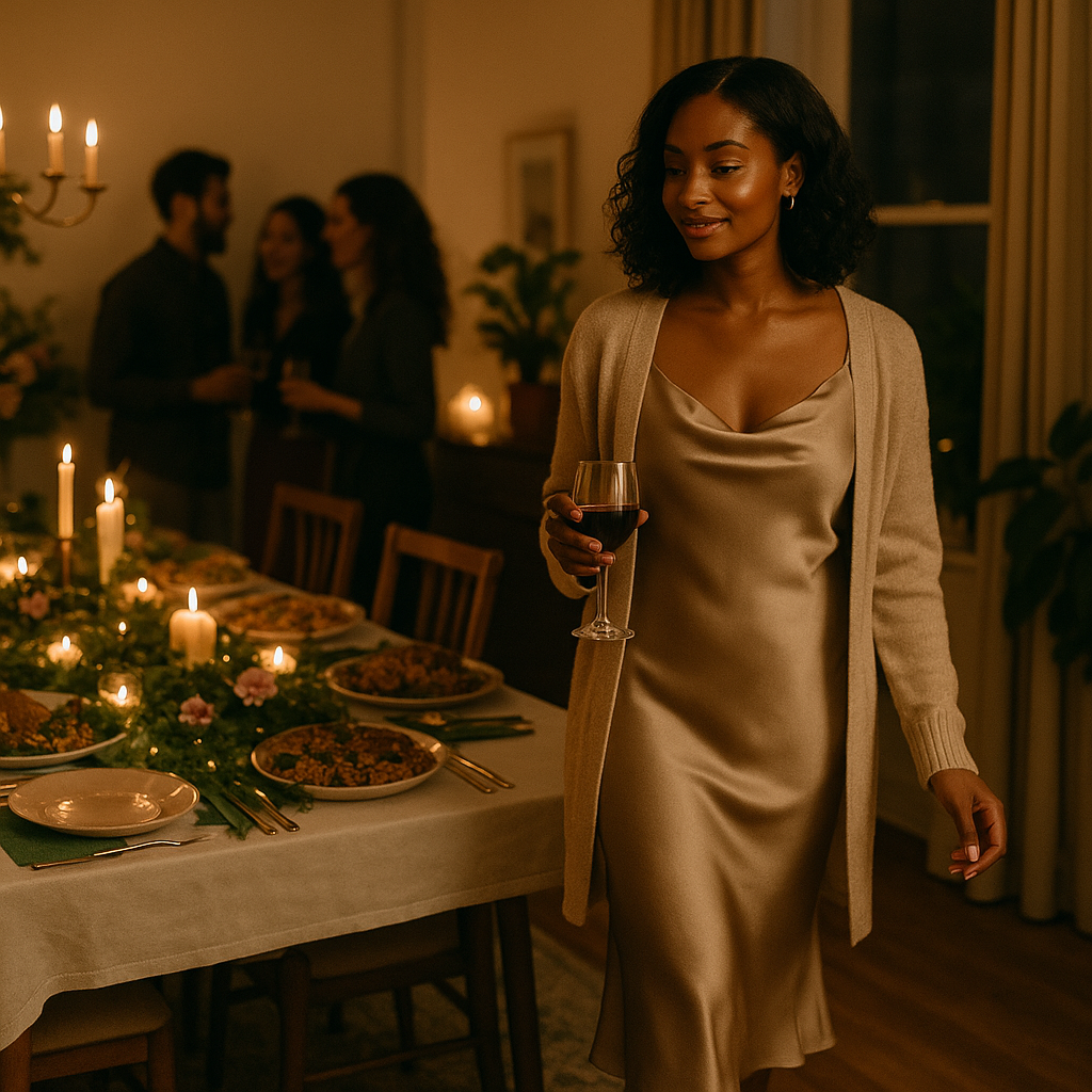 A relaxed Black woman walks past a fully set holiday table with a glass of wine while guests chat in the background.