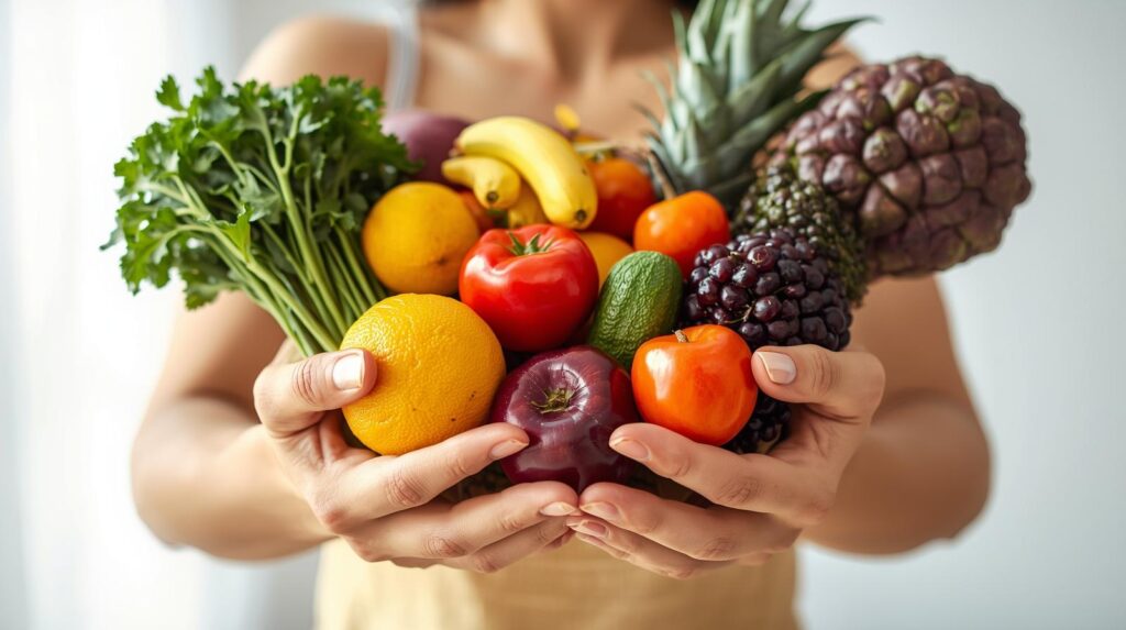 Colorful spread of fresh fruits and vegetables in woman's hands, symbolizing the vitality of a plant-based diet.