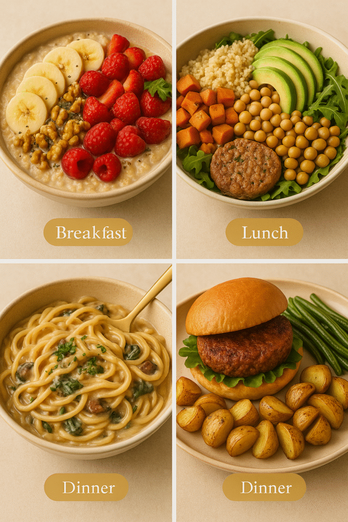 Luxurious plant-based meal collage showing breakfasts, lunches, and dinners in soft golden tones.
