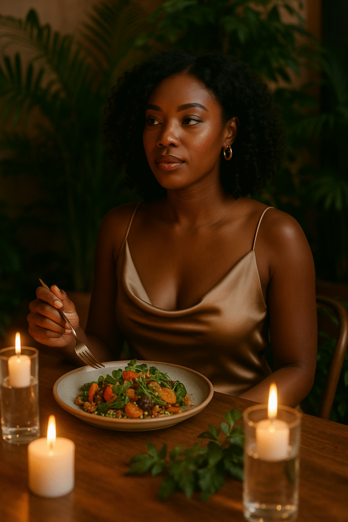 Elegant woman dining at a stylish plant-based restaurant with lush greenery and candlelight
