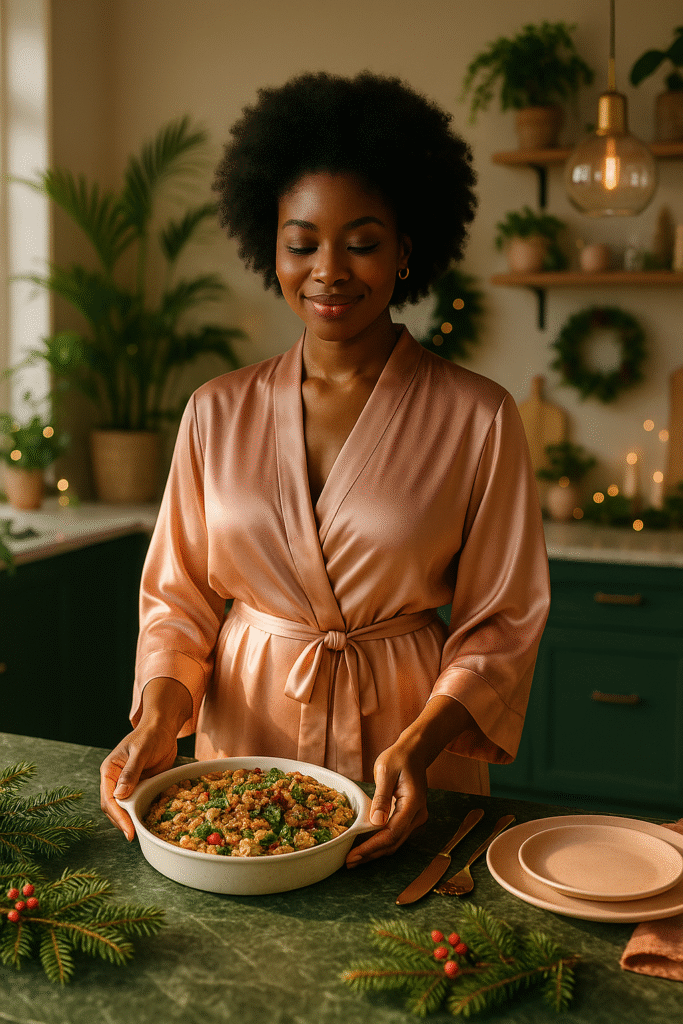 A relaxed Black woman walks past a fully set holiday table with a glass of wine while guests chat in the background.