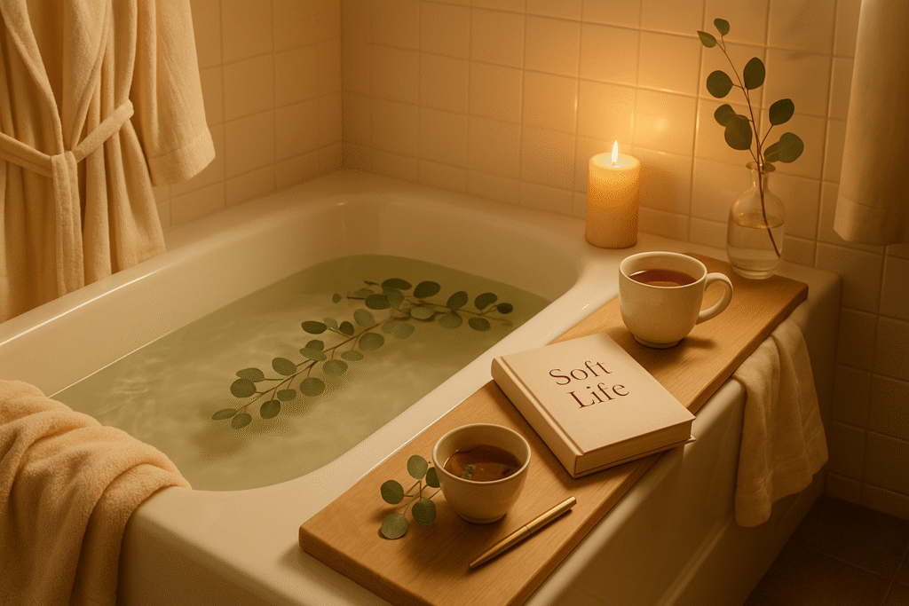 Cozy bath setup with candles and tea for nervous system regulation during winter wellness.