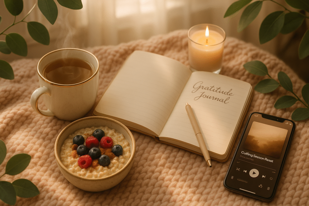Cozy winter wellness flat lay with tea, gratitude journal, and plant-based breakfast for a cuffing season reset.