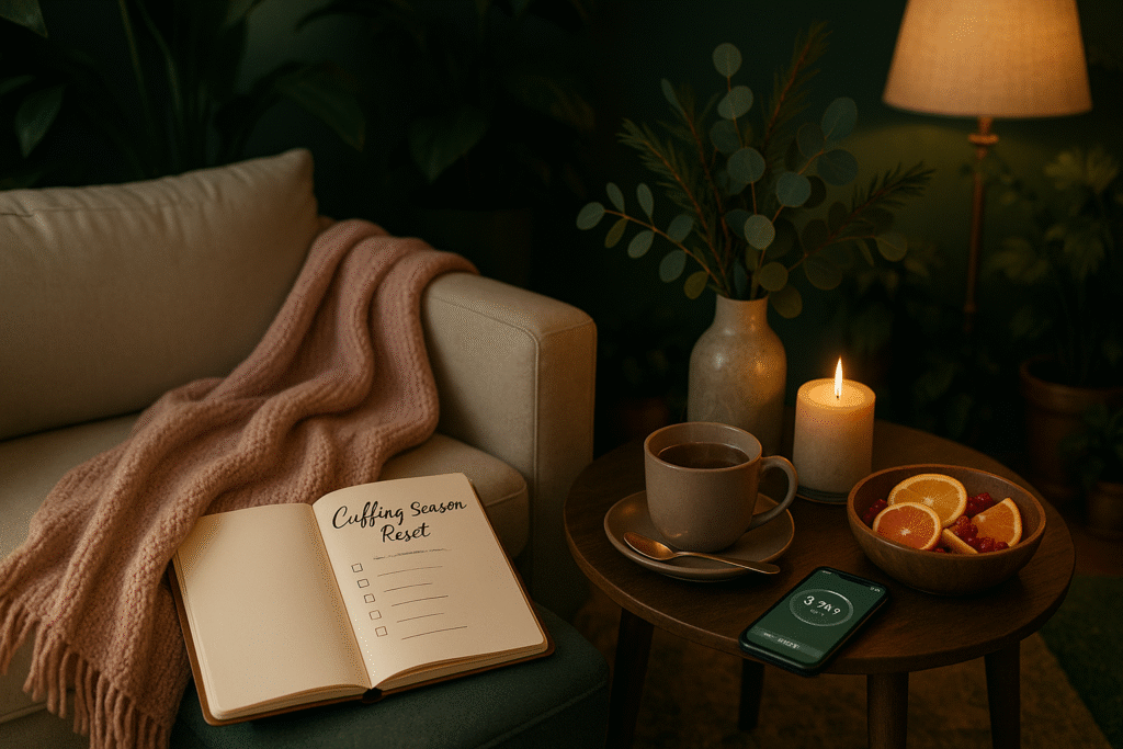 Cozy winter wellness scene with herbal tea, candlelight, journal checklist, and greenery for a soft-life cuffing season reset.