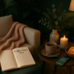 Cozy winter wellness scene with herbal tea, candlelight, journal checklist, and greenery for a soft-life cuffing season reset.