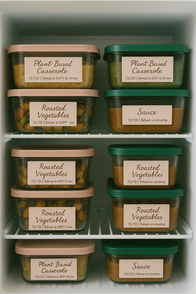 Organized freezer shelves with labeled glass containers of plant-based holiday meals ready to freeze, thaw, and reheat.