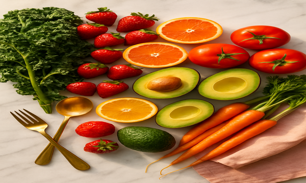 colorful fruits and vegetables symbolizing nutrient diversity in a healthy plant-based diet”