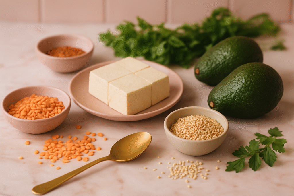 Romantic kitchen flat lay of fresh plant-based ingredients like tofu, quinoa, and avocados styled with pink and gold accents.