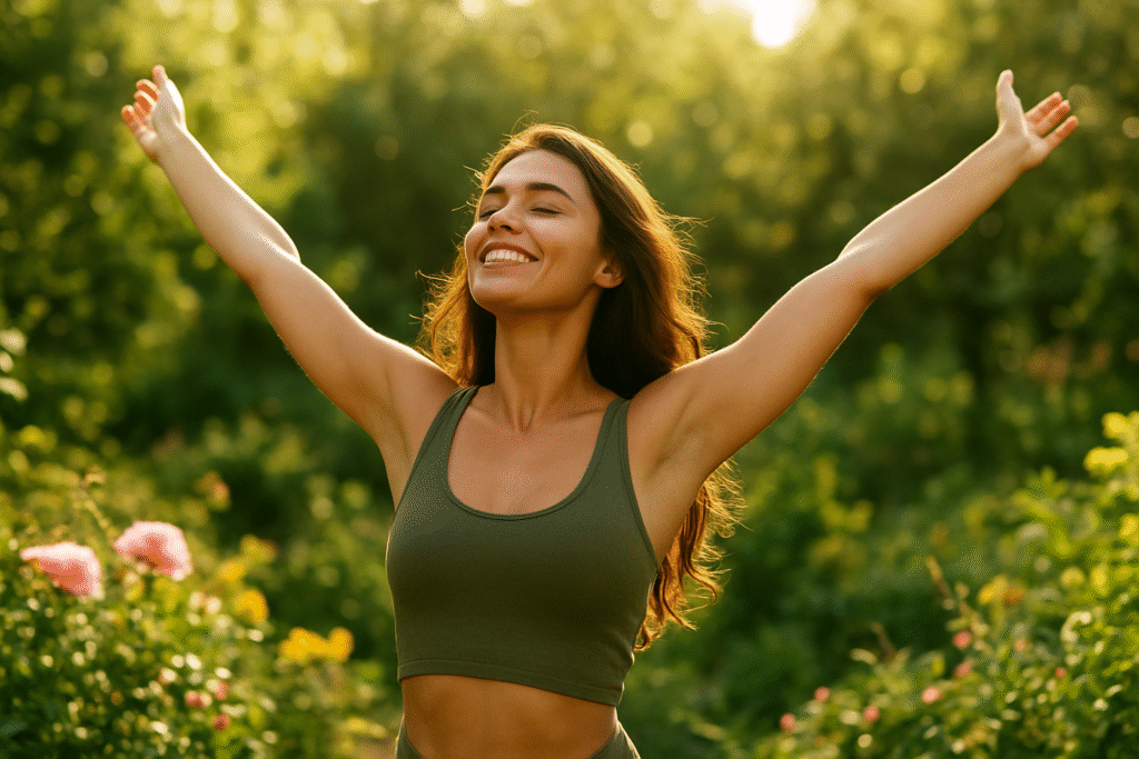 Joyful woman surrounded by plants symbolizing health benefits of a plant-based lifestyle