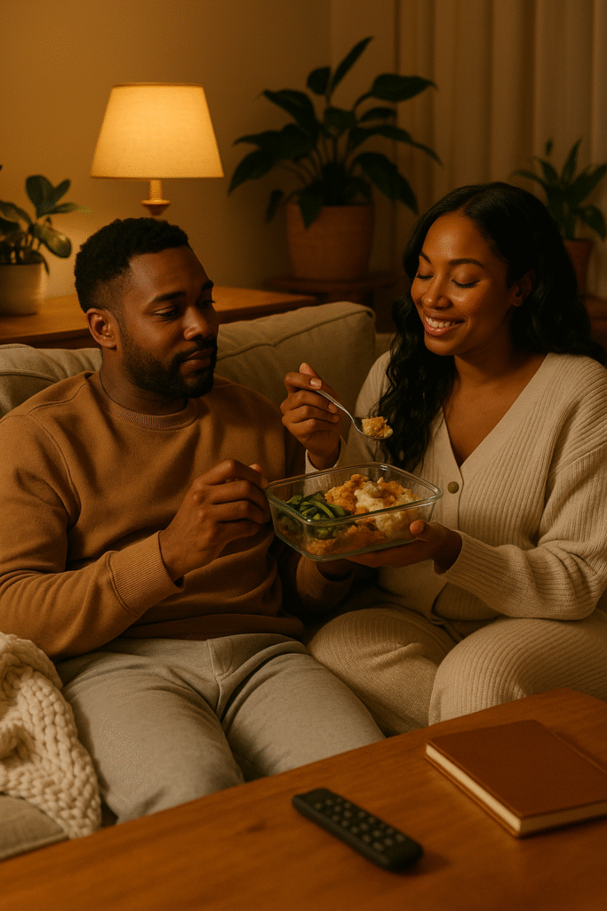 A man and woman relaxes on a sofa eating leftover holiday food from a glass container in a warm, plant-filled living room.