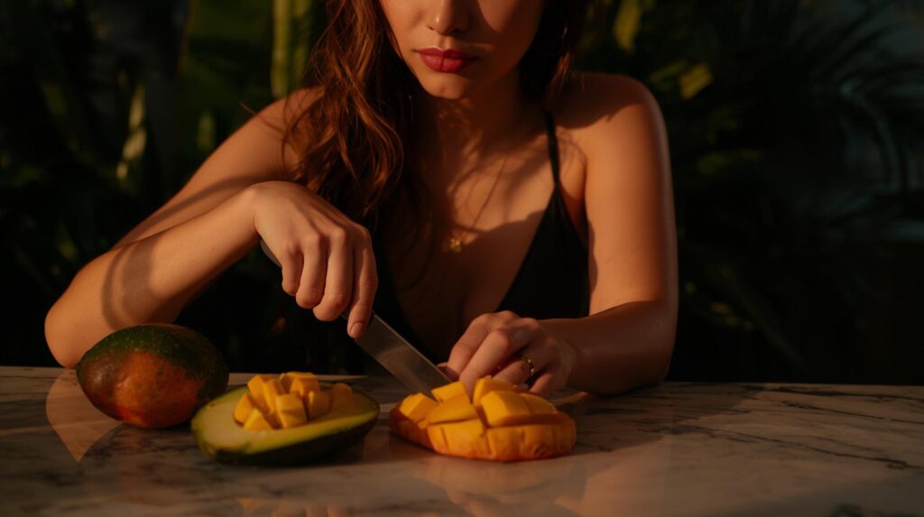 Seductive woman preparing fresh plant-based ingredients symbolizing the start of a plant-based nutrition journey