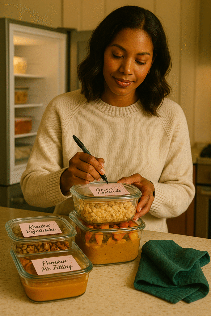 A Black woman labels glass containers of make-ahead holiday dishes in a calm, softly lit kitchen.