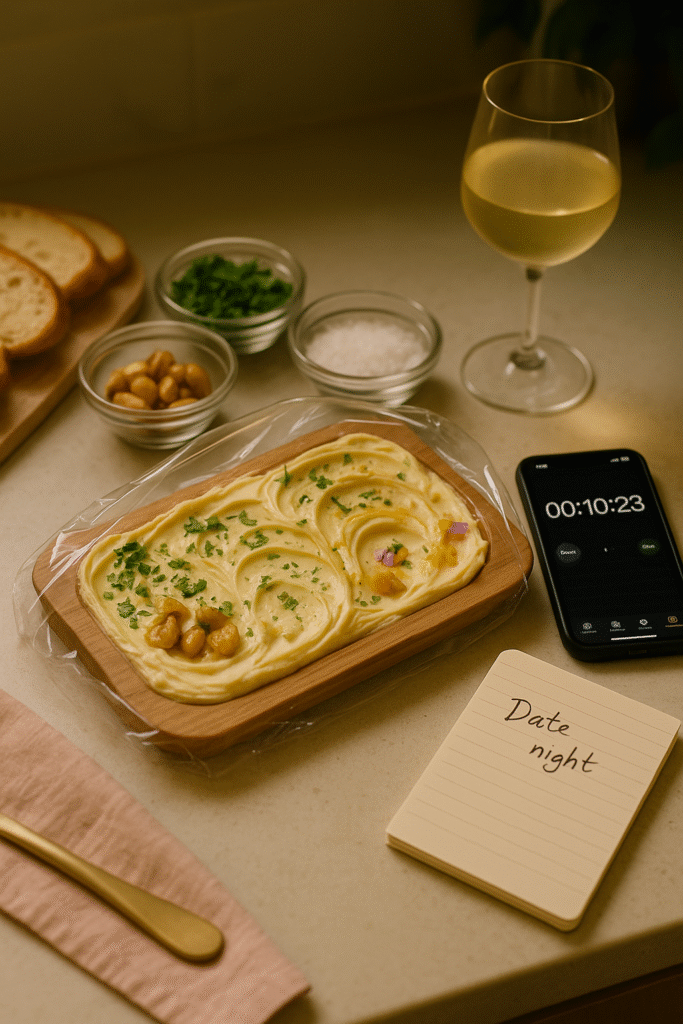 Partially assembled vegan butter board with toppings and sliced bread prepped ahead for easy serving.