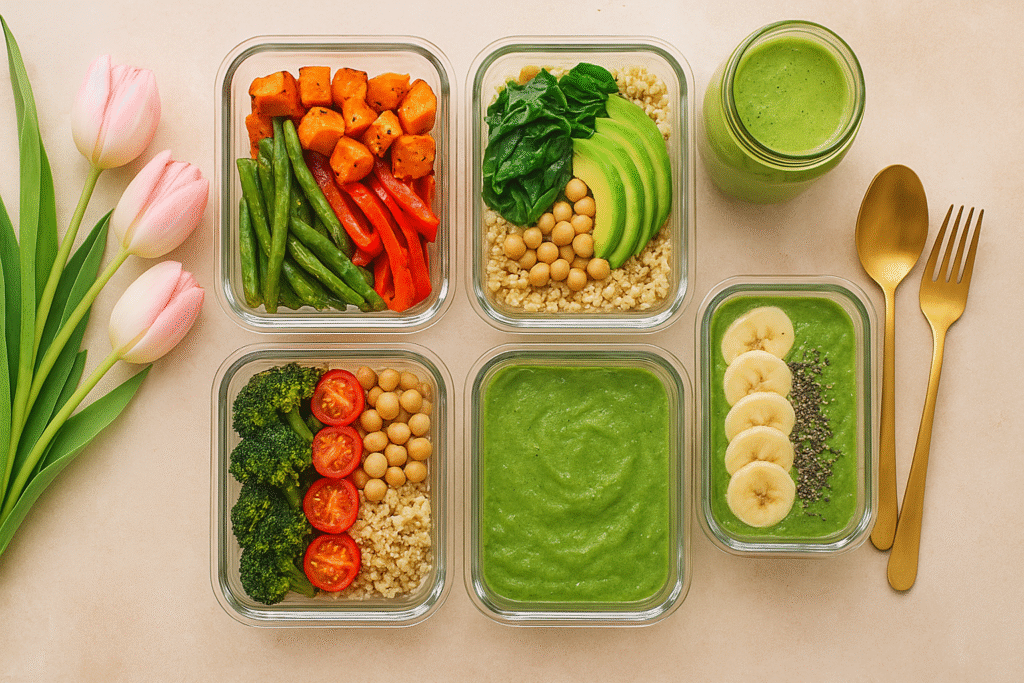 Plant-based meal prep setup with colorful bowls and smoothies for weekly vegan nutrition planning