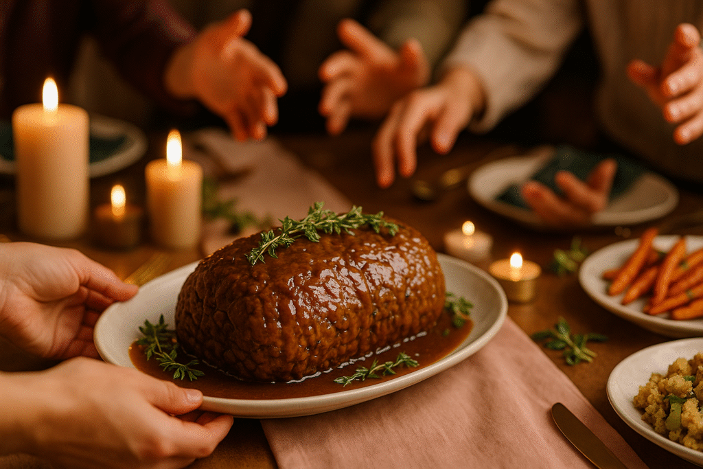 Plant-based Thanksgiving centerpiece roast being revealed on a candlelit holiday table.
