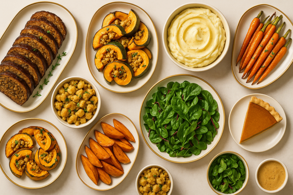 Modern vegan Thanksgiving menu showing plant-based mains, classic sides, and dairy-free pumpkin pie.