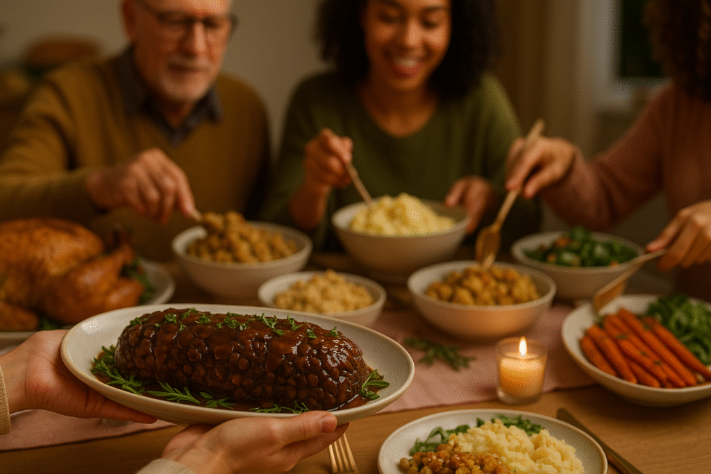 Plant-based Thanksgiving centerpiece sharing the table with a small turkey, showing a smooth family transition to meatless options.