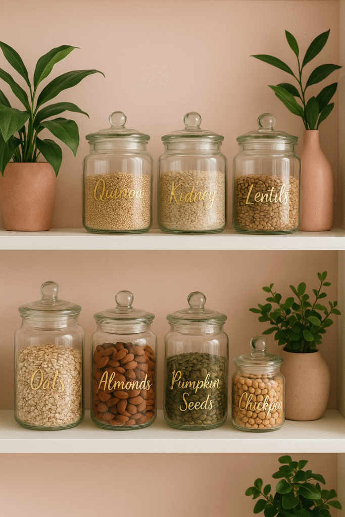 Elegant pantry filled with plant-based staples in glass jars and gold labels, styled with pink and green accents.
