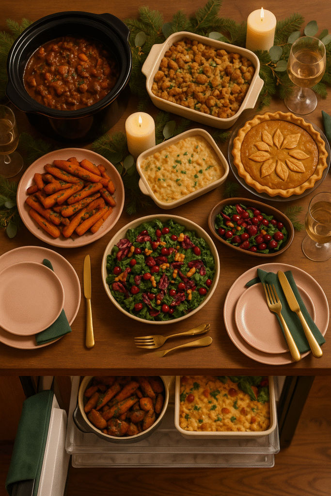 A holiday table filled with plant-based dishes—stuffing, roasted vegetables, casserole, salad, and pie—styled with pink, green, and gold decor.