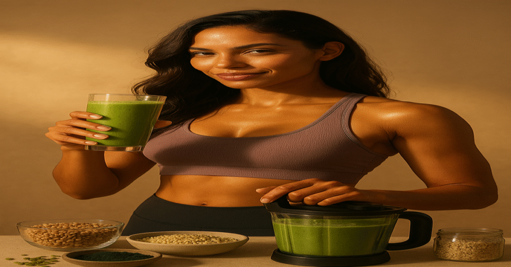 Woman blending a plant-based protein smoothie in a glowing kitchen to show how to get enough protein on a vegan diet