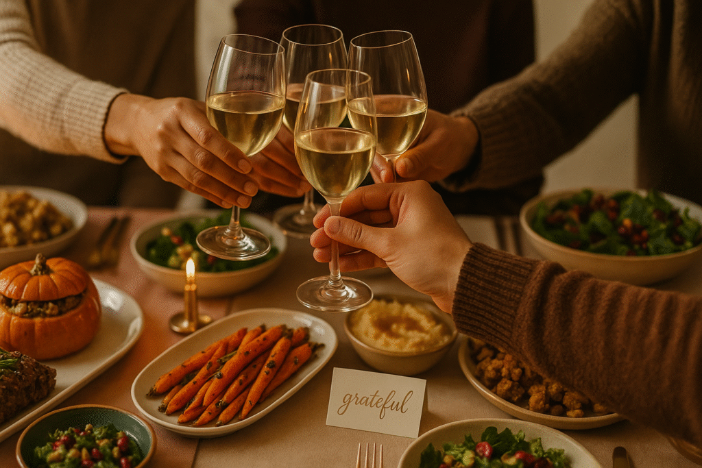 Hands clinking glasses over a plant-based Thanksgiving meal, celebrating gratitude without meat.”