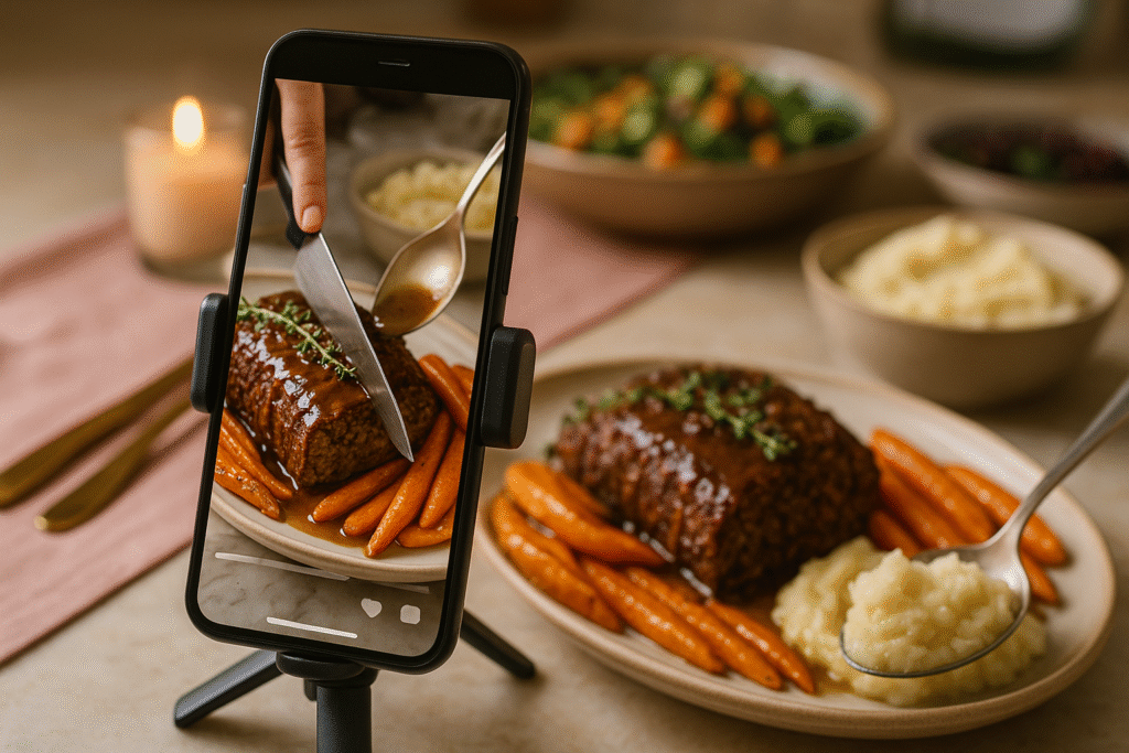 Phone filming a vegan Thanksgiving roast and sides for social media, capturing the viral plant-based holiday trend.