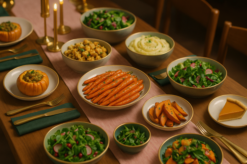 Lush vegan Thanksgiving tablescape with candles, blush linens, gold accents, and an abundant plant-forward feast.