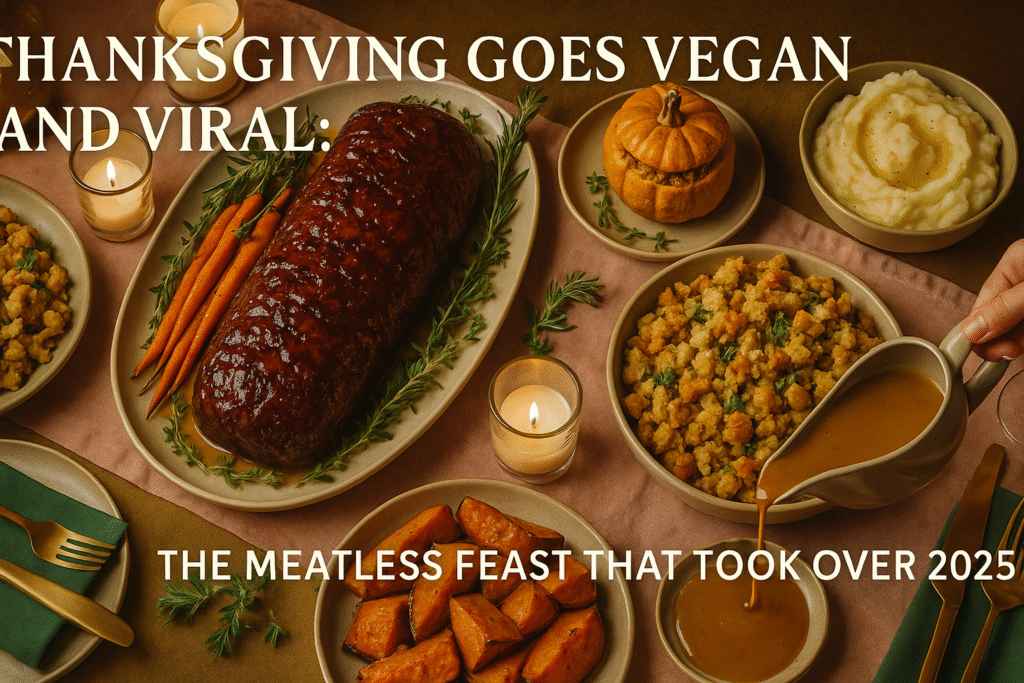 Lavish vegan Thanksgiving table with mushroom lentil roast, maple-glazed carrots, stuffed pumpkins, and classic plant-based sides.