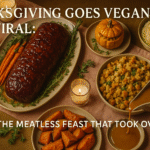 Lavish vegan Thanksgiving table with mushroom lentil roast, maple-glazed carrots, stuffed pumpkins, and classic plant-based sides.