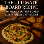 Candlelit vegan butter board topped with roasted garlic and herbs, surrounded by toasted bread slices, with text overlay that reads ‘The Ultimate Board Recipe to Make a Butter Board for Intimate Gatherings.