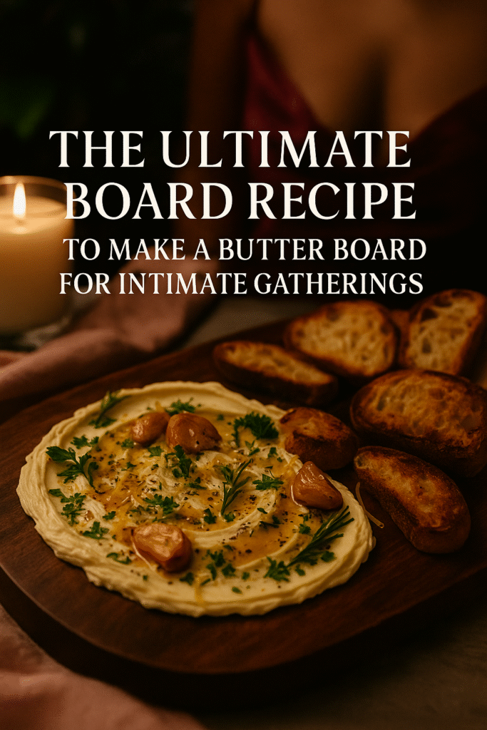 Candlelit vegan butter board topped with roasted garlic and herbs, surrounded by toasted bread slices, with text overlay that reads ‘The Ultimate Board Recipe to Make a Butter Board for Intimate Gatherings.