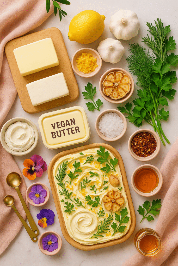 Flat lay of vegan butter, plant-based cream cheese, herbs, roasted garlic, agave, and toppings for a vegan butter board.
