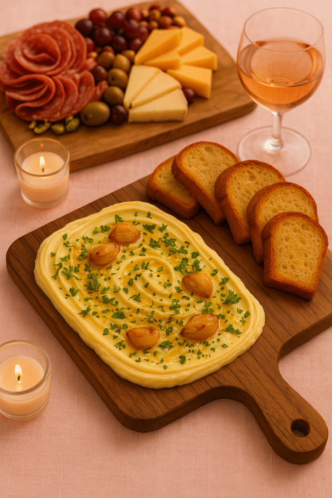 Overhead view of a vegan butter board beside a traditional butter and charcuterie board on a stylish table.