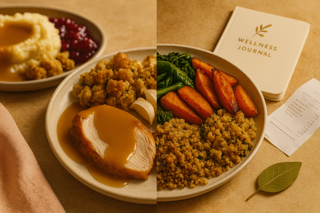 Traditional turkey plate contrasted with a vibrant plant-based Thanksgiving plate highlighting the shift to meatless holiday meals.
