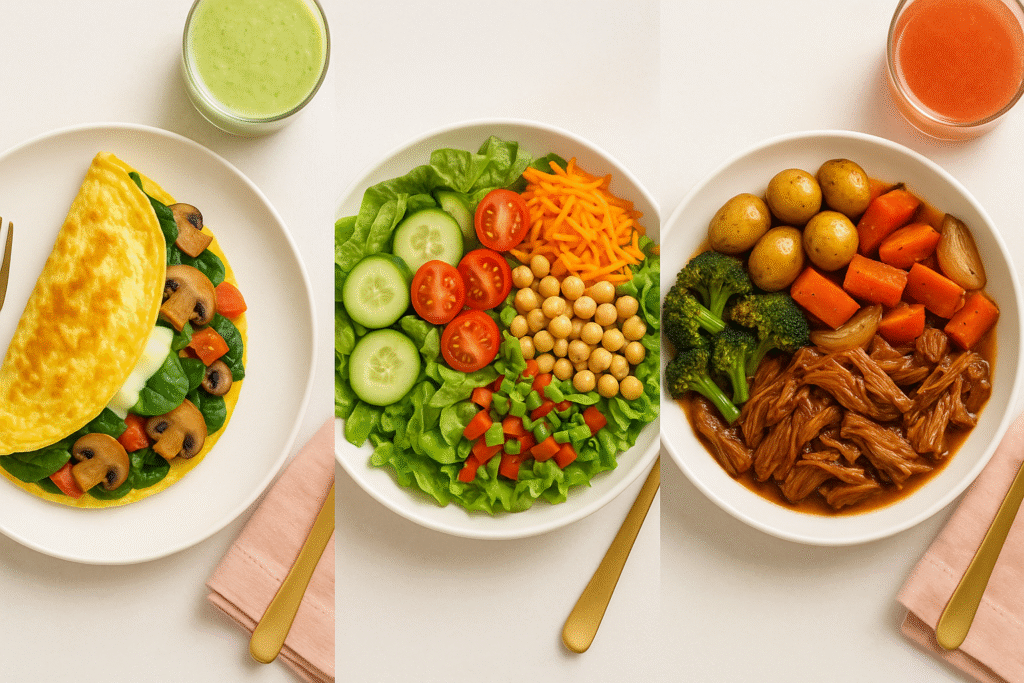 Breakfast, lunch, and dinner meals each featuring vegetables, showing how to add veggies to every meal.