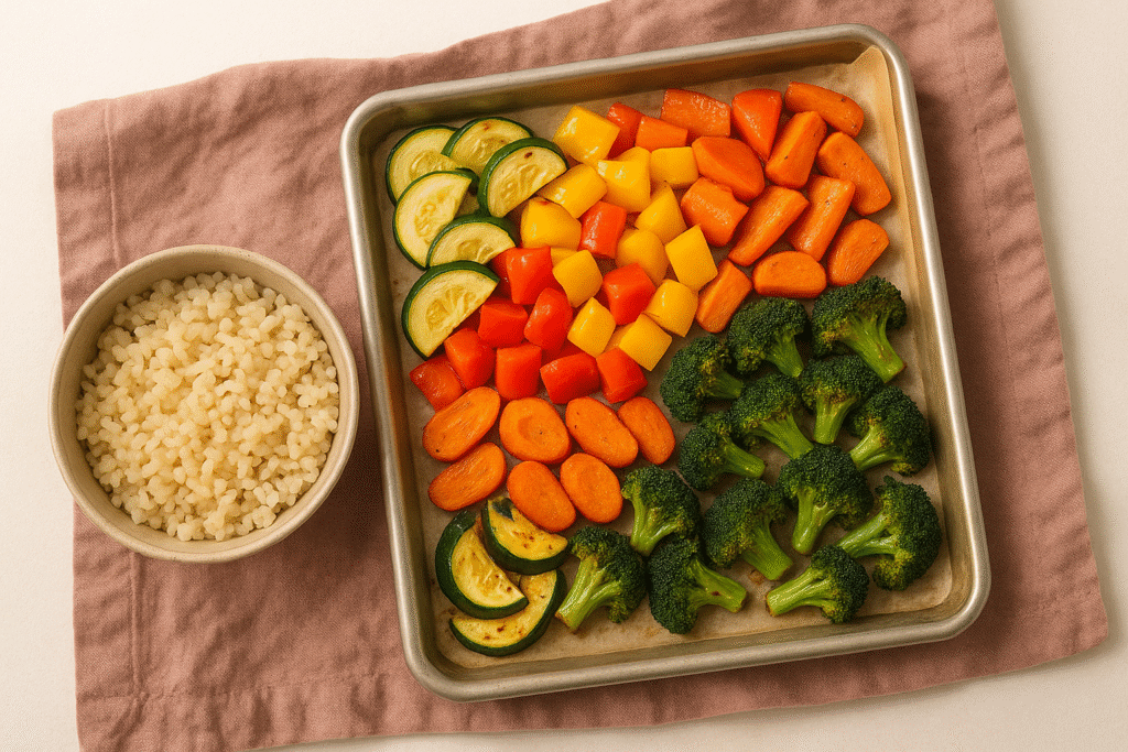 Sheet pan of roasted vegetables beside a bowl of grains, showing easy ways to add more veggies to meals.