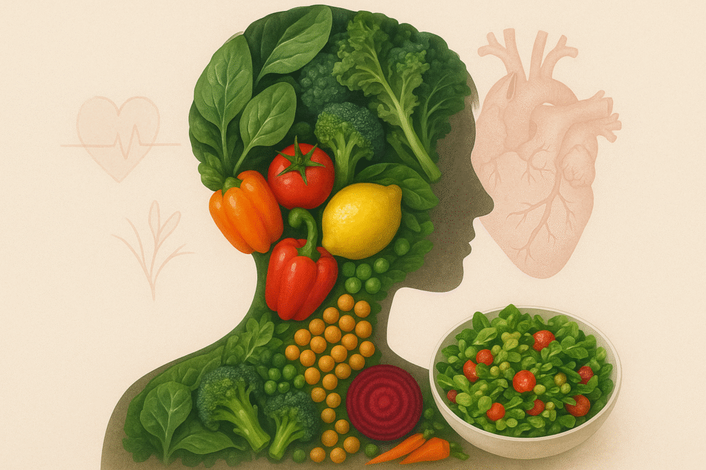 Person’s silhouette blended with vegetables and heart icons, representing how veggies may help prevent disease