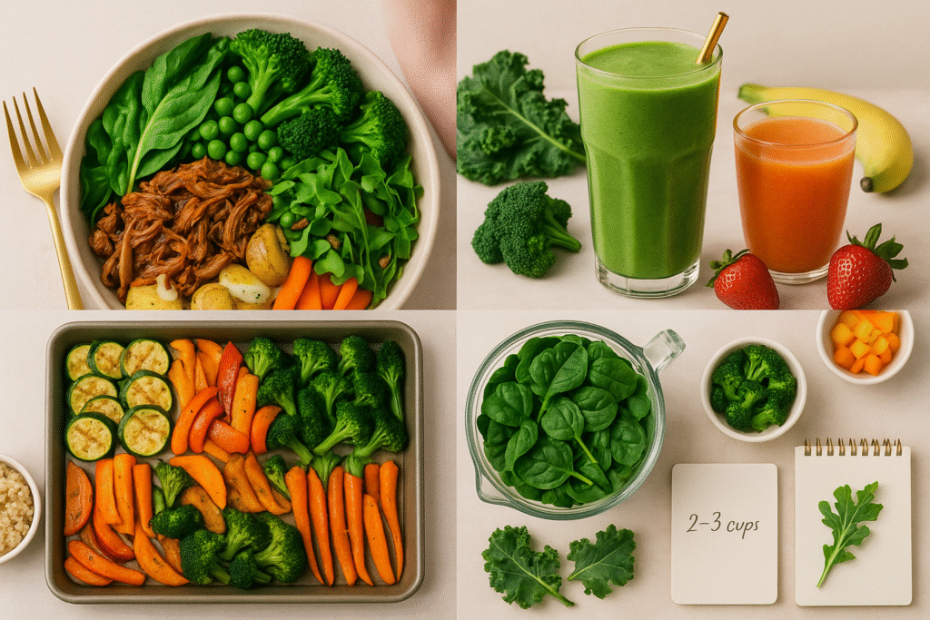 Collage of veggie bowls, smoothies, and roasted vegetables summarizing simple ways to eat more veggies every day.