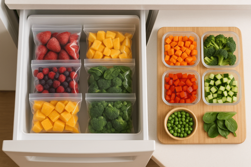 Frozen fruit bags and pre-chopped vegetables in containers, highlighting convenient ways to eat more produce.