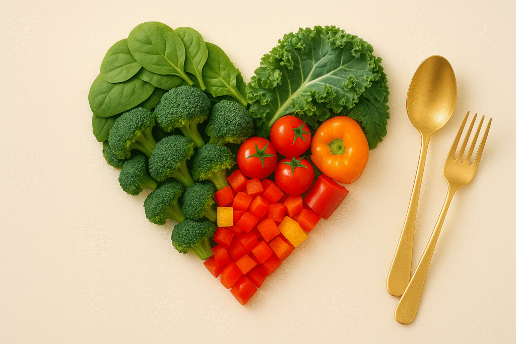 Heart-shaped arrangement of mixed vegetables symbolizing the health benefits of a veggie-rich diet.
