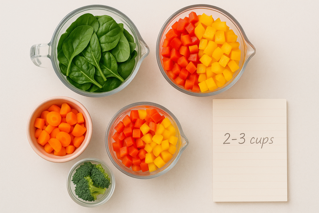 Measuring cups filled with chopped vegetables next to a note reminding adults to aim for 2 to 3 cups a day.