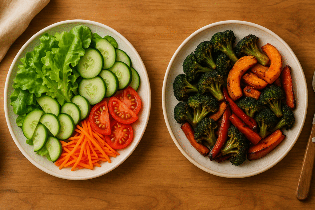 Plate showing raw salad on one side and roasted vegetables on the other, comparing raw vs cooked veggies.