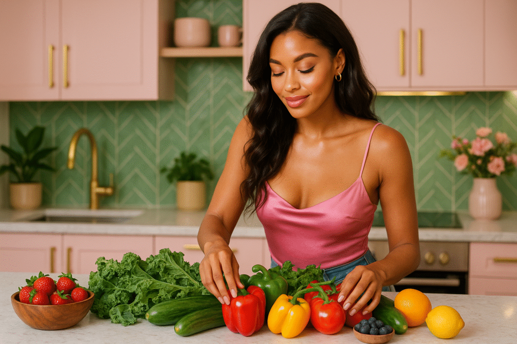 “Woman in a modern kitchen arranging a colorful spread of fruits and vegetables with a soft, luxe plant-based vibe.”