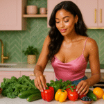 “Woman in a modern kitchen arranging a colorful spread of fruits and vegetables with a soft, luxe plant-based vibe.”