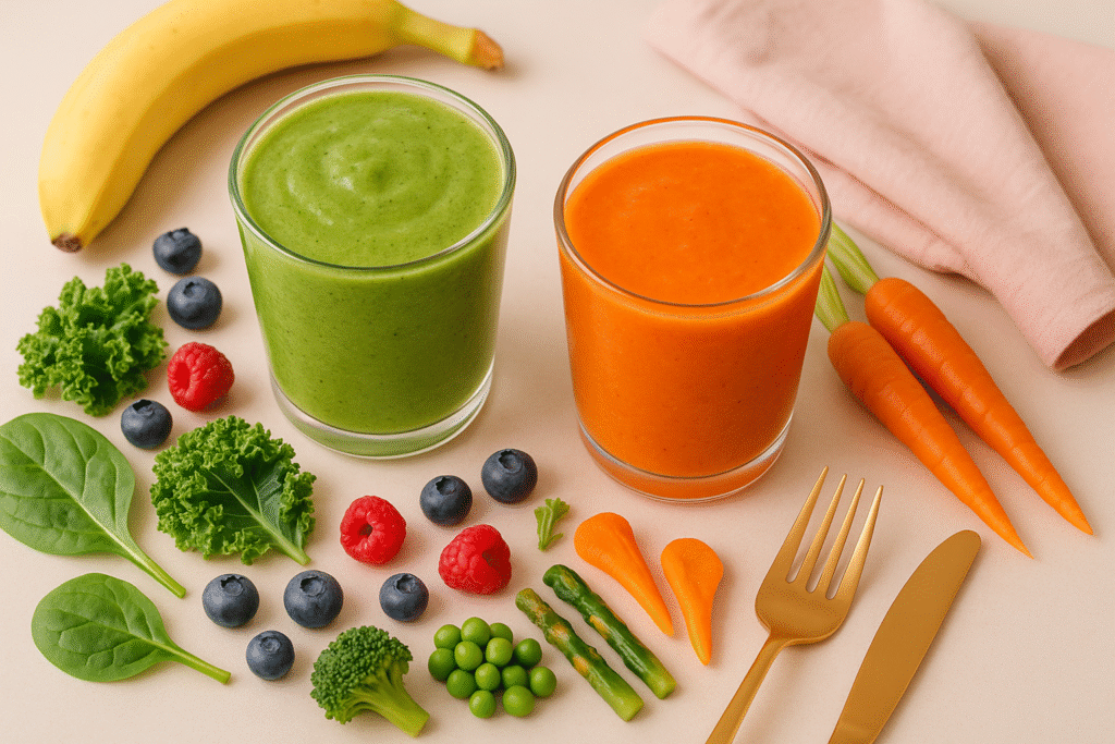 Green smoothie and vegetable juice surrounded by fresh produce, showing easy ways to drink more vegetables.